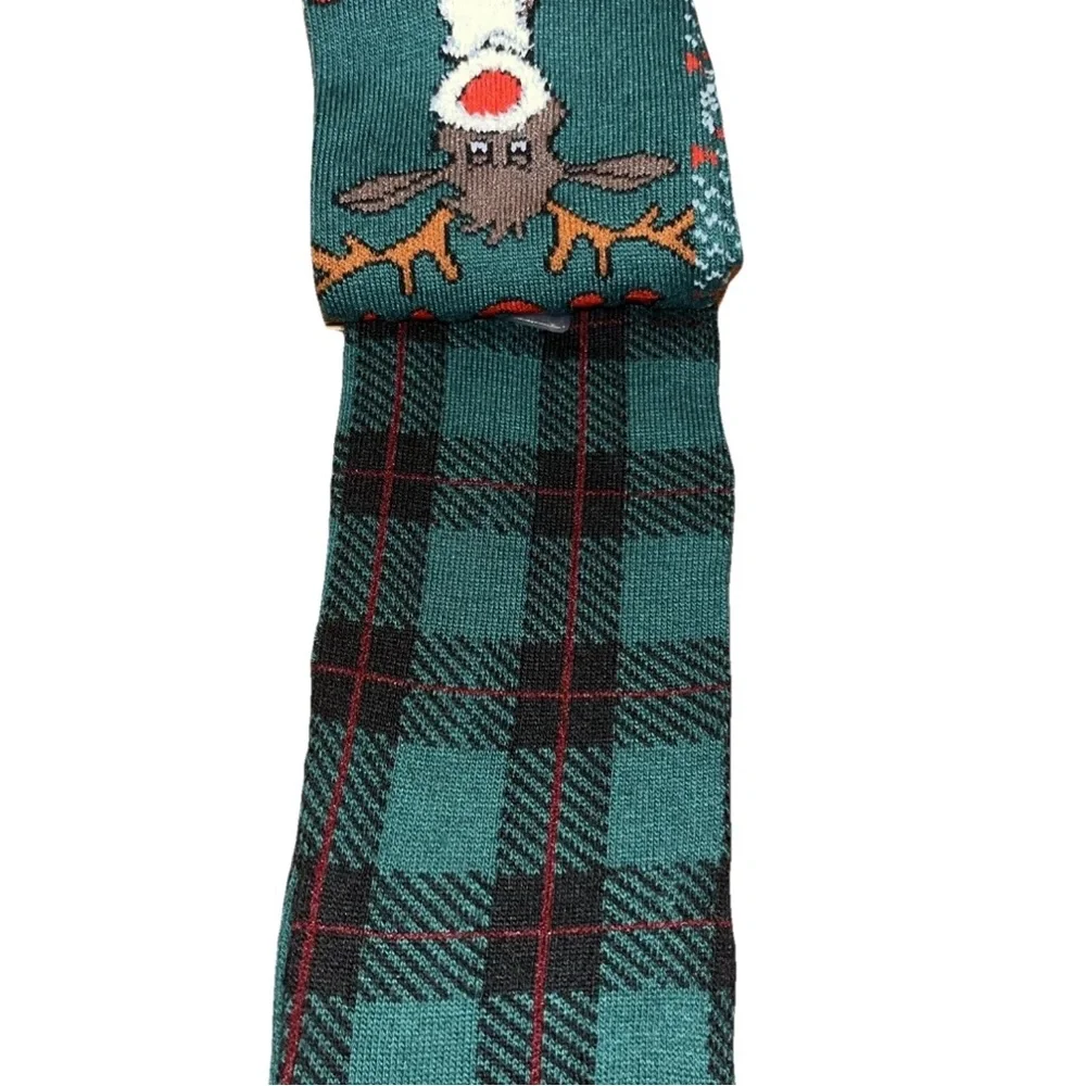 2-Pk Of X-Mas Reindeer Socks & Plaid -Green & Red Mens High Socks “How Rude Off”